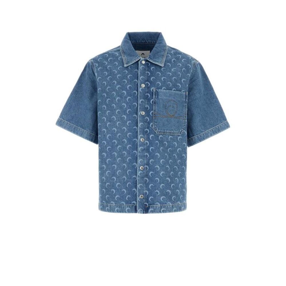 MARINE SERRE Men's Short Sleeve Denim Shirt with Crescent Moon Print Men PRINTED